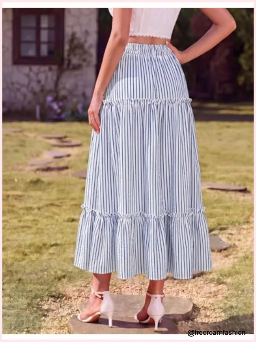 Flowy High Waist Striped Midi Skirt with Pockets